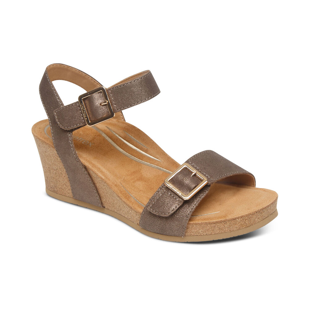 Aetrex Women's Lexa Quarter Strap Wedge Sandals - Bronze | USA KG4NENA